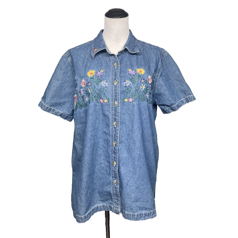 VTG Bobbie Brooks Women XL Embroidered Floral Print Denim Button-Up Shirt Spring